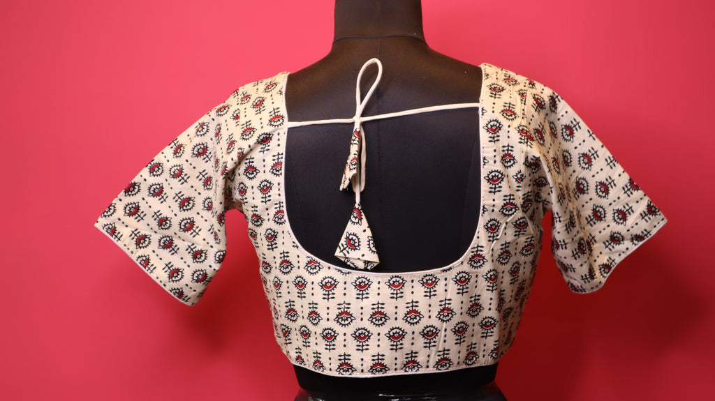 Cream Printed Saree Blouse with Floral Motif | Round Neck Half Sleeve Blouse