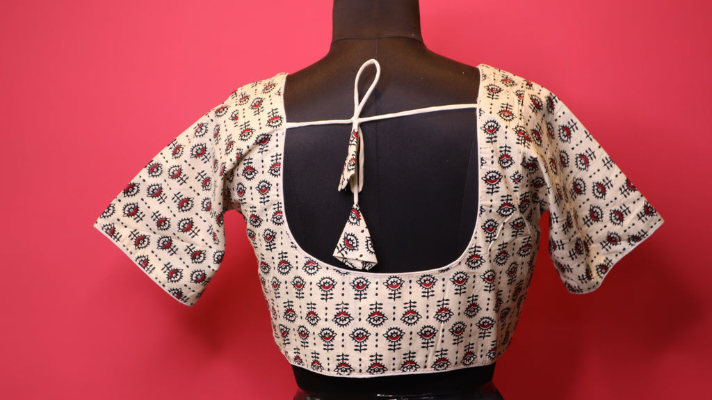 Cream Printed Saree Blouse with Floral Motif | Round Neck Half Sleeve Blouse