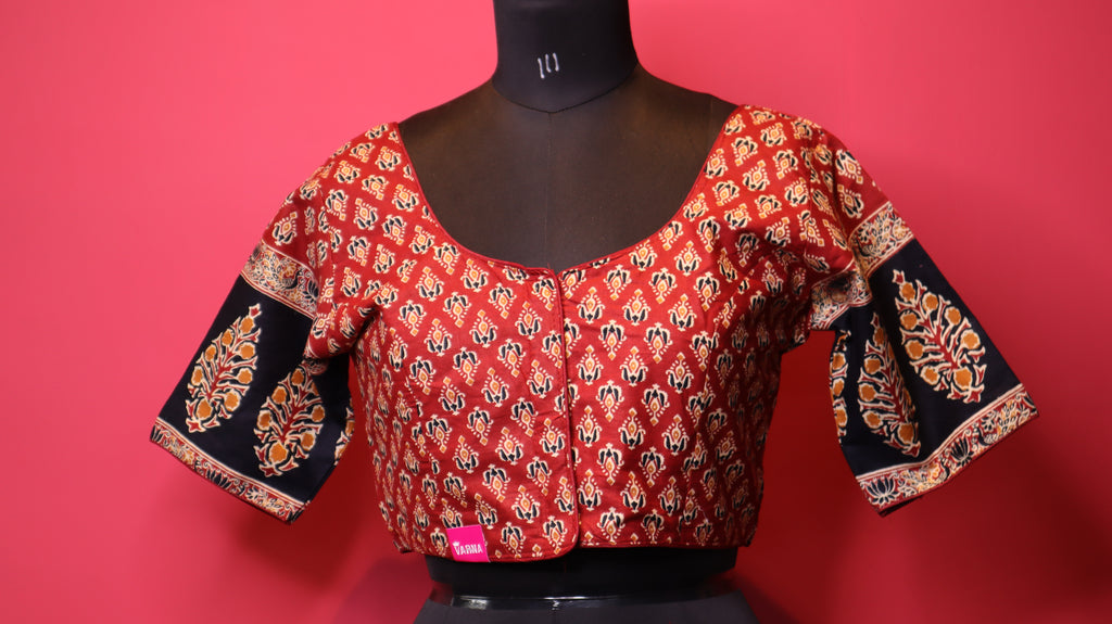 Maroon Printed Saree Blouse with Contrast Designer Sleeves | Round Neck Blouse