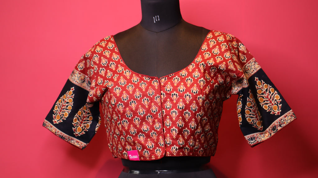 Maroon Printed Saree Blouse with Contrast Designer Sleeves | Round Neck Blouse