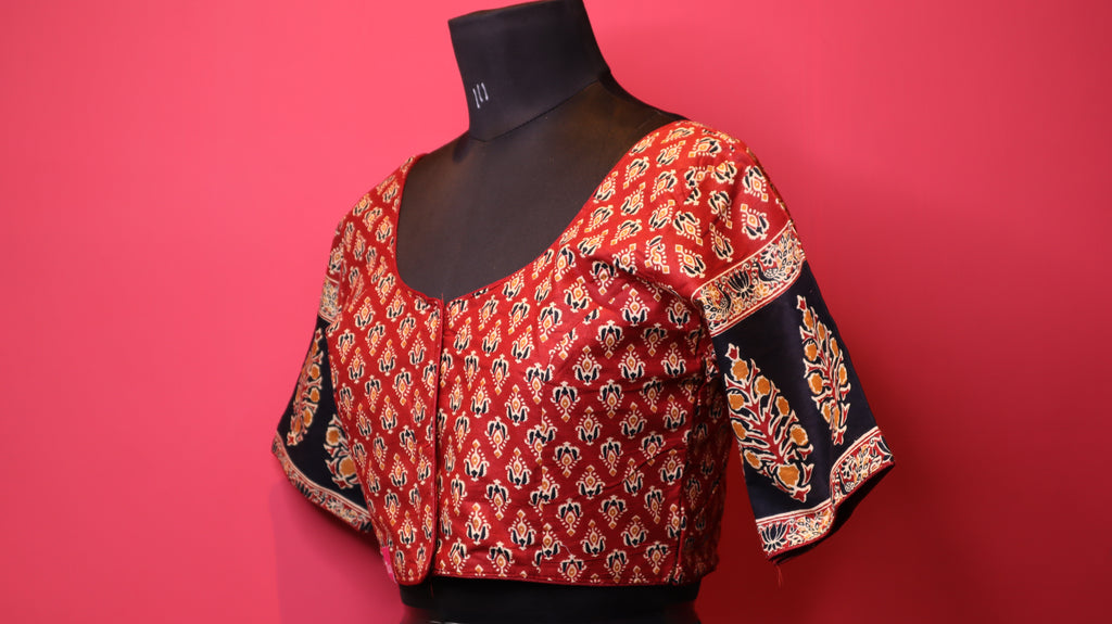 Maroon Printed Saree Blouse with Contrast Designer Sleeves | Round Neck Blouse