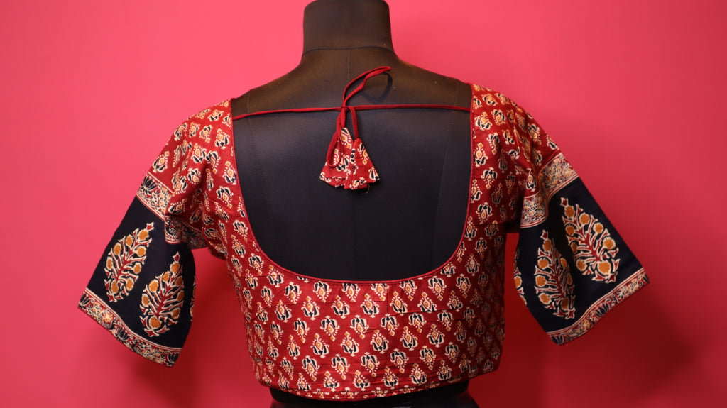 Maroon Printed Saree Blouse with Contrast Designer Sleeves | Round Neck Blouse