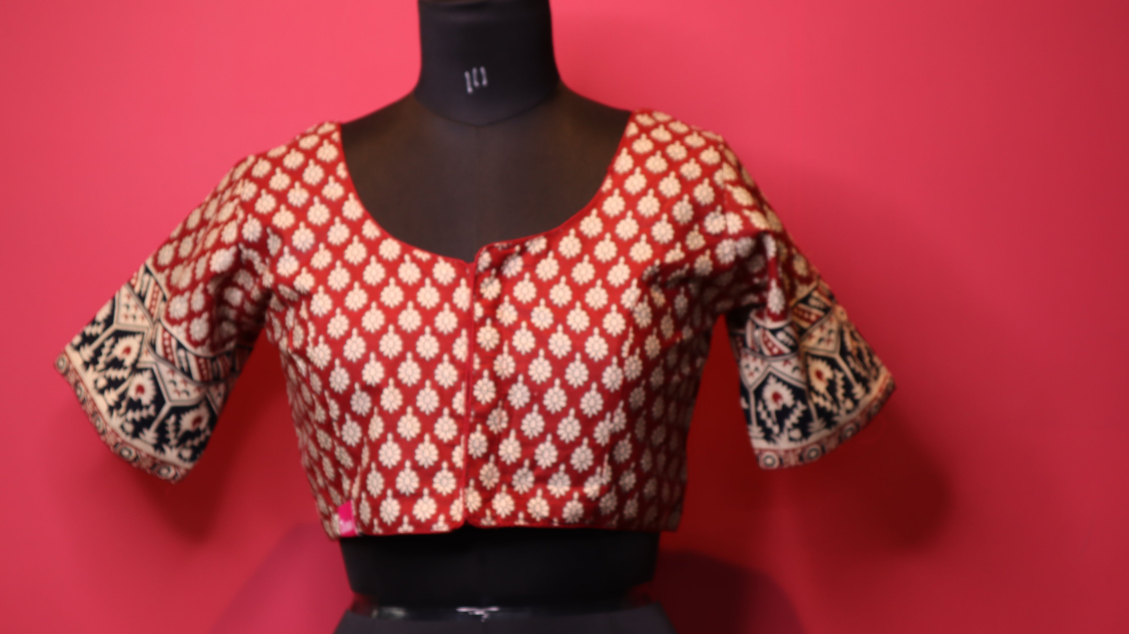 Maroon Printed Saree Blouse with Designer Sleeve Border | Round Neck Blouse