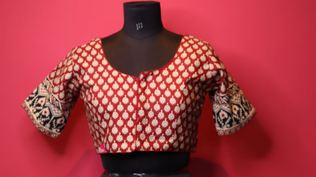 Maroon Printed Saree Blouse with Designer Sleeve Border | Round Neck Blouse