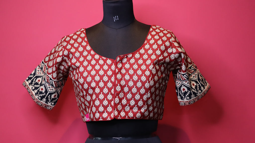 Maroon Printed Saree Blouse with Designer Sleeve Border | Round Neck Blouse