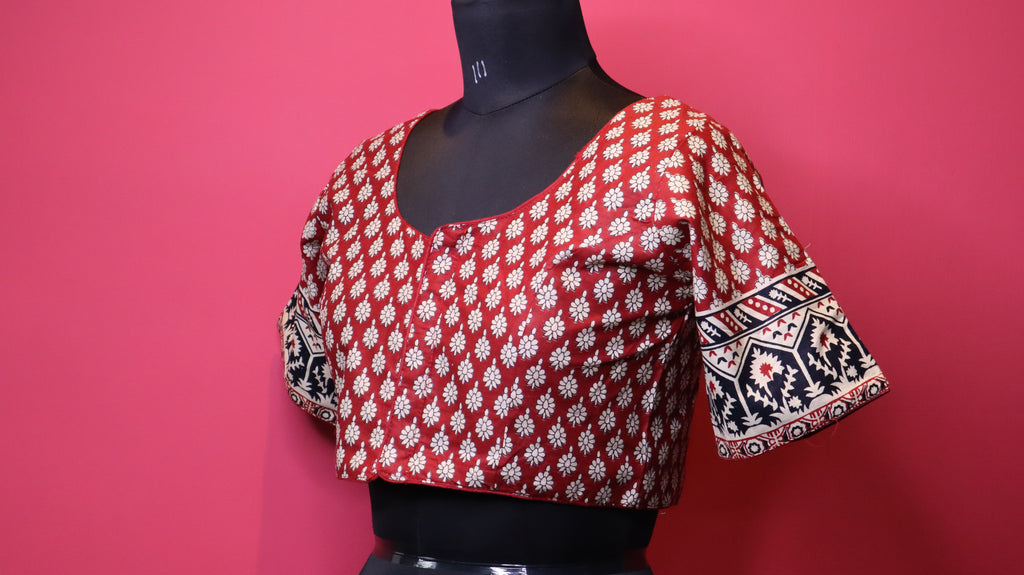 Maroon Printed Saree Blouse with Designer Sleeve Border | Round Neck Blouse