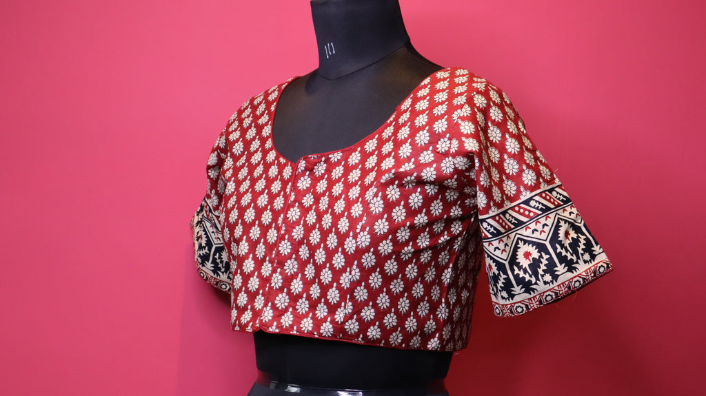 Maroon Printed Saree Blouse with Designer Sleeve Border | Round Neck Blouse