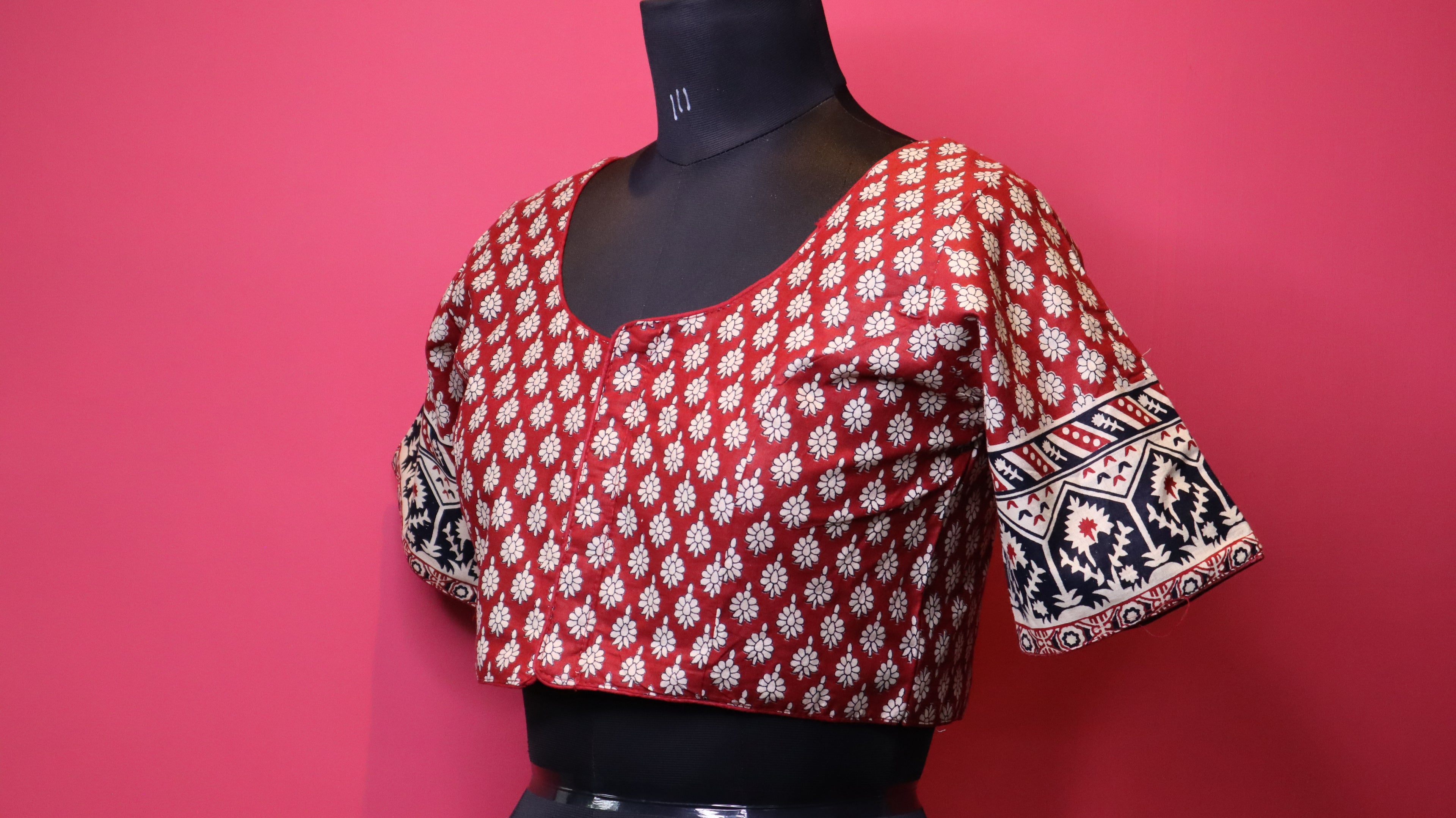 Maroon Printed Saree Blouse with Designer Sleeve Border | Round Neck Blouse