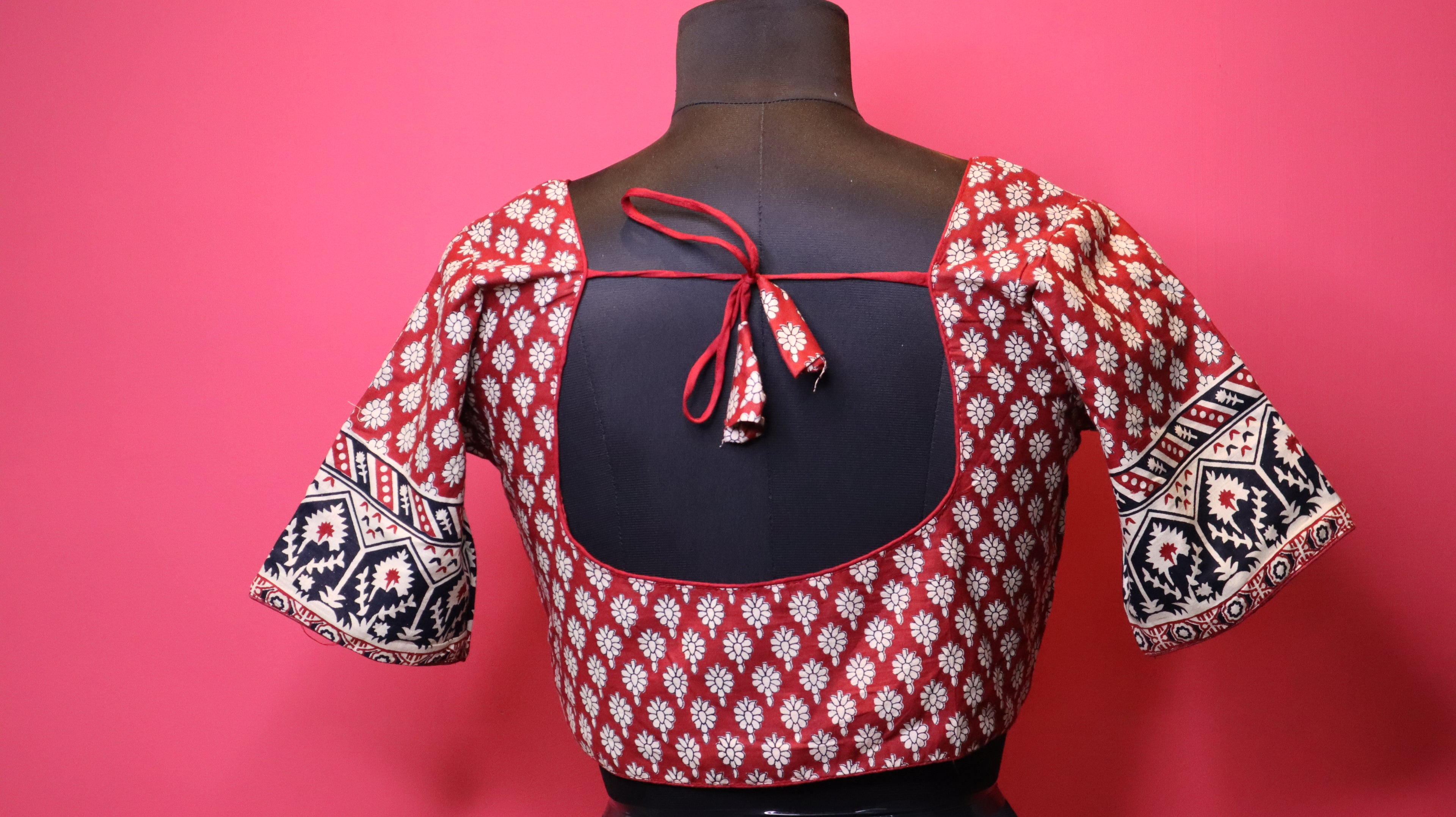 Maroon Printed Saree Blouse with Designer Sleeve Border | Round Neck Blouse