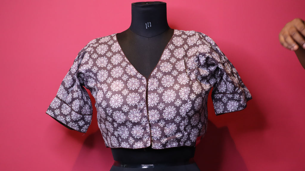 Elegant Grey Printed Cotton Saree Blouse | Readymade Traditional Blouse for Women