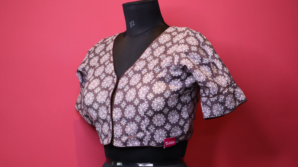 Elegant Grey Printed Cotton Saree Blouse | Readymade Traditional Blouse for Women