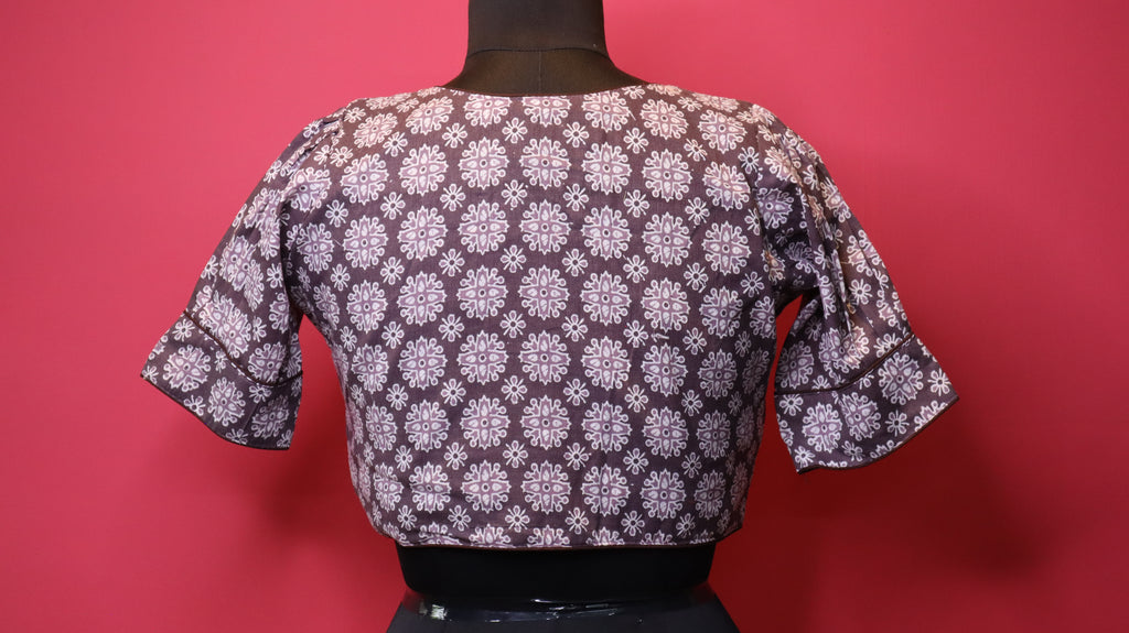 Elegant Grey Printed Cotton Saree Blouse | Readymade Traditional Blouse for Women