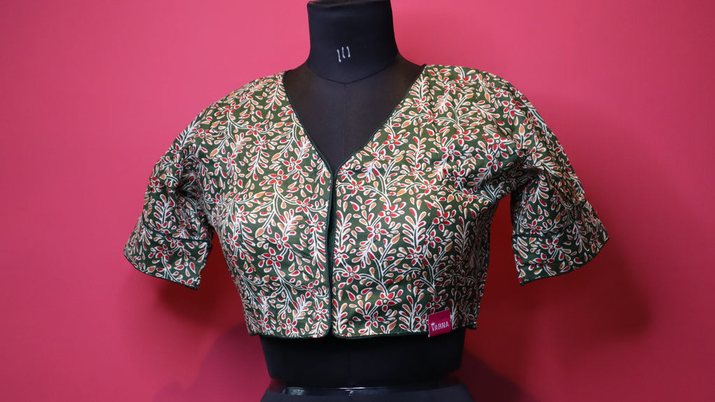 Olive Green Floral Printed Cotton Saree Blouse | Readymade Traditional Blouse for Women