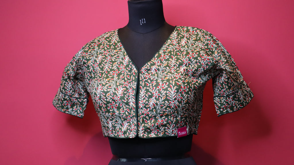 Olive Green Floral Printed Cotton Saree Blouse | Readymade Traditional Blouse for Women