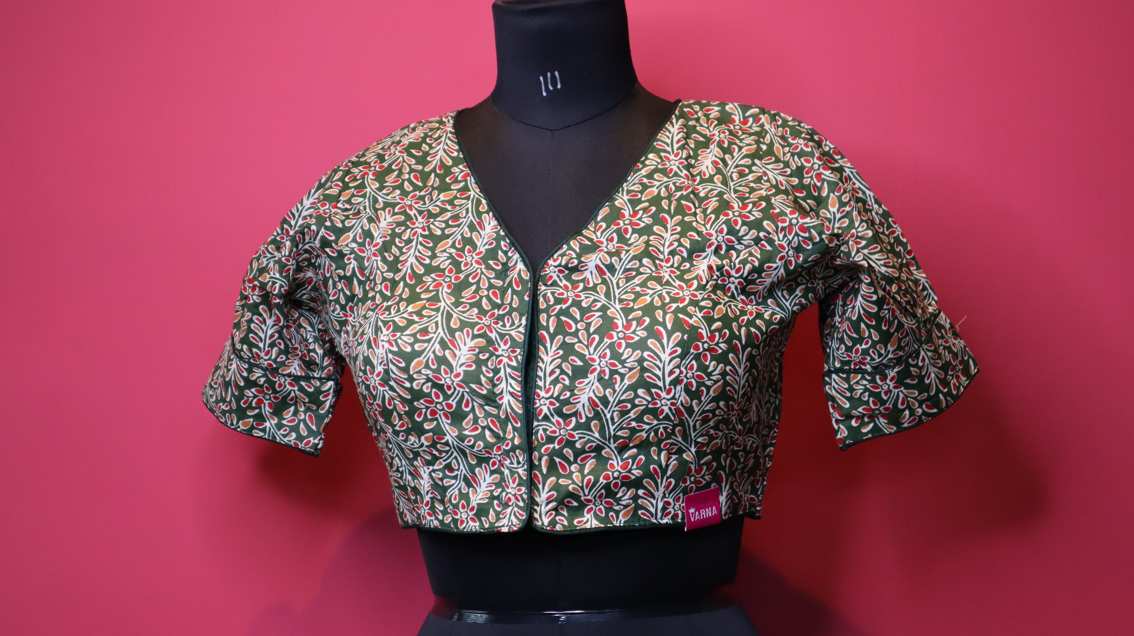 Olive Green Floral Printed Cotton Saree Blouse | Readymade Traditional Blouse for Women