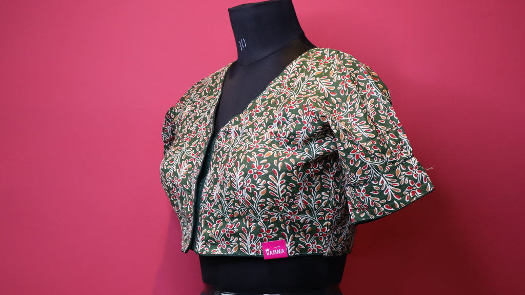 Olive Green Floral Printed Cotton Saree Blouse | Readymade Traditional Blouse for Women