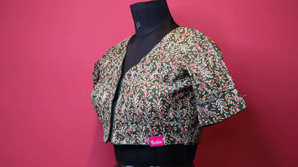 Olive Green Floral Printed Cotton Saree Blouse | Readymade Traditional Blouse for Women