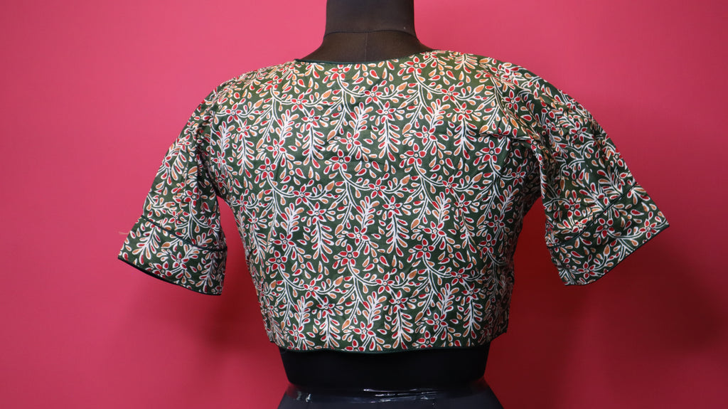 Olive Green Floral Printed Cotton Saree Blouse | Readymade Traditional Blouse for Women