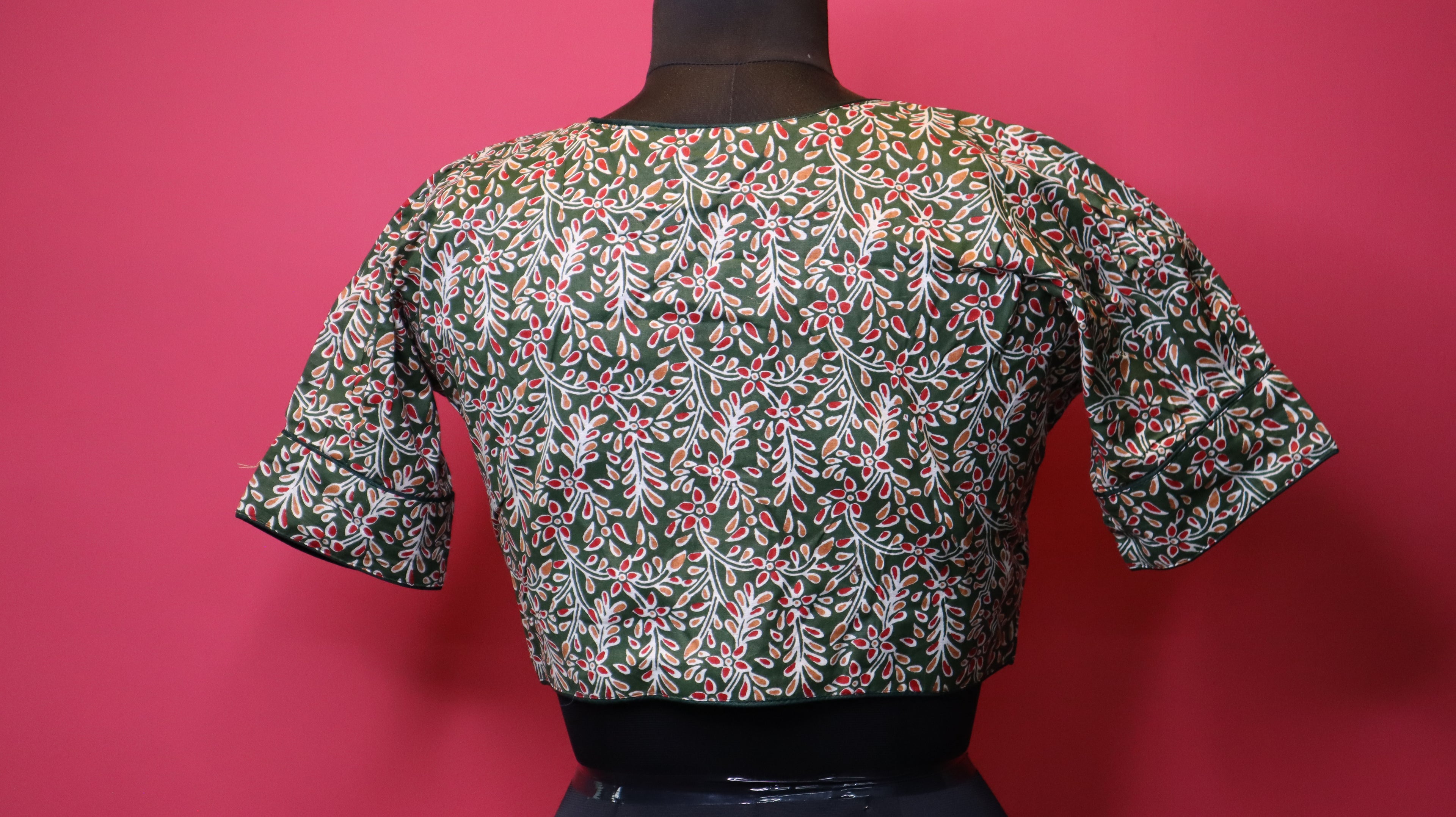 Olive Green Floral Printed Cotton Saree Blouse | Readymade Traditional Blouse for Women