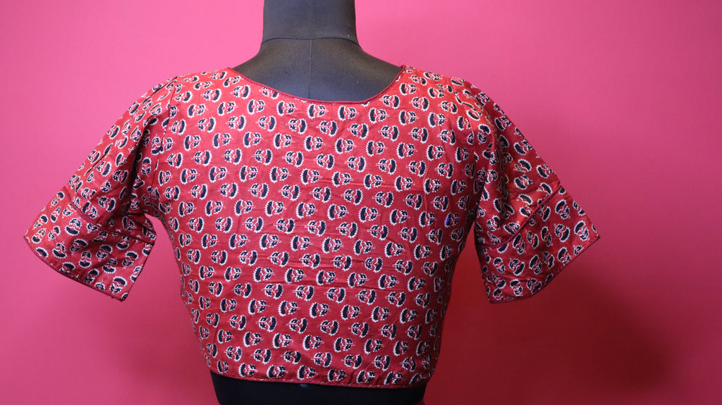 Elegant Red Printed Cotton Saree Blouse | Traditional Design | Readymade Blouse for Women