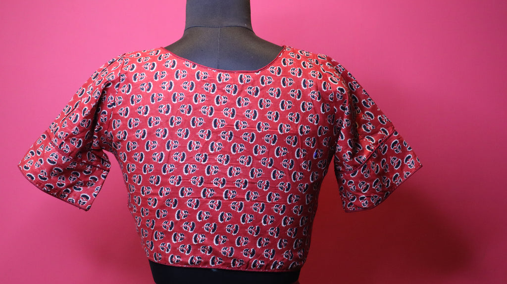 Elegant Red Printed Cotton Saree Blouse | Traditional Design | Readymade Blouse for Women