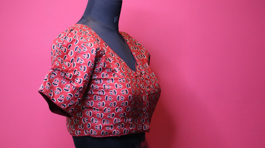 Elegant Red Printed Cotton Saree Blouse | Traditional Design | Readymade Blouse for Women