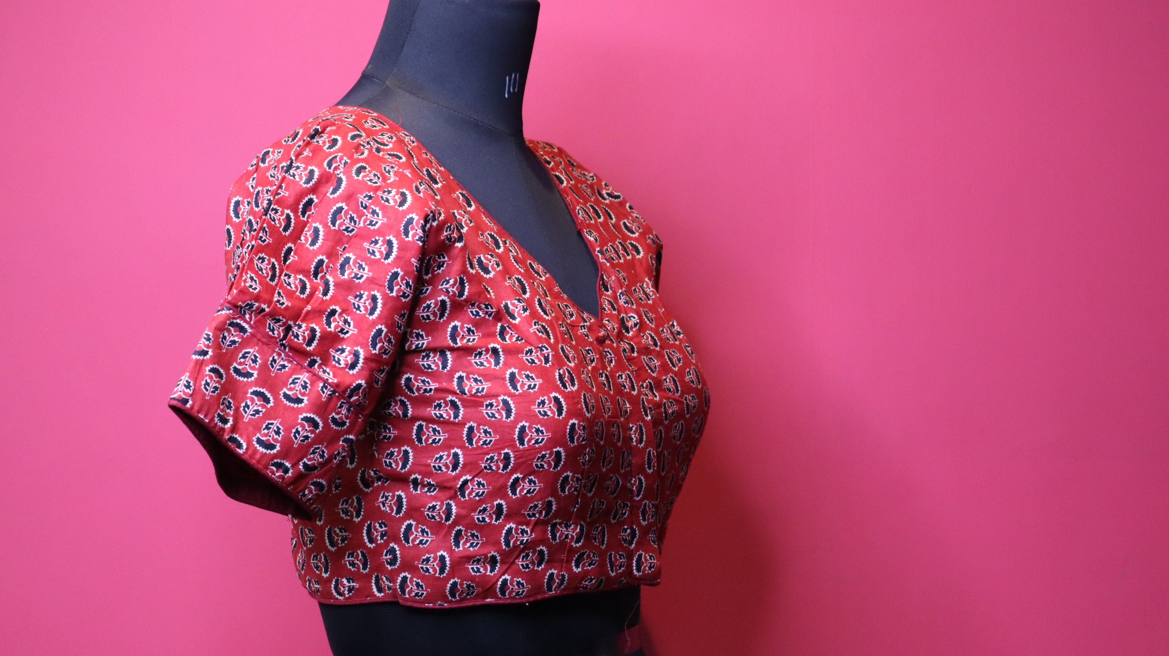Elegant Red Printed Cotton Saree Blouse | Traditional Design | Readymade Blouse for Women