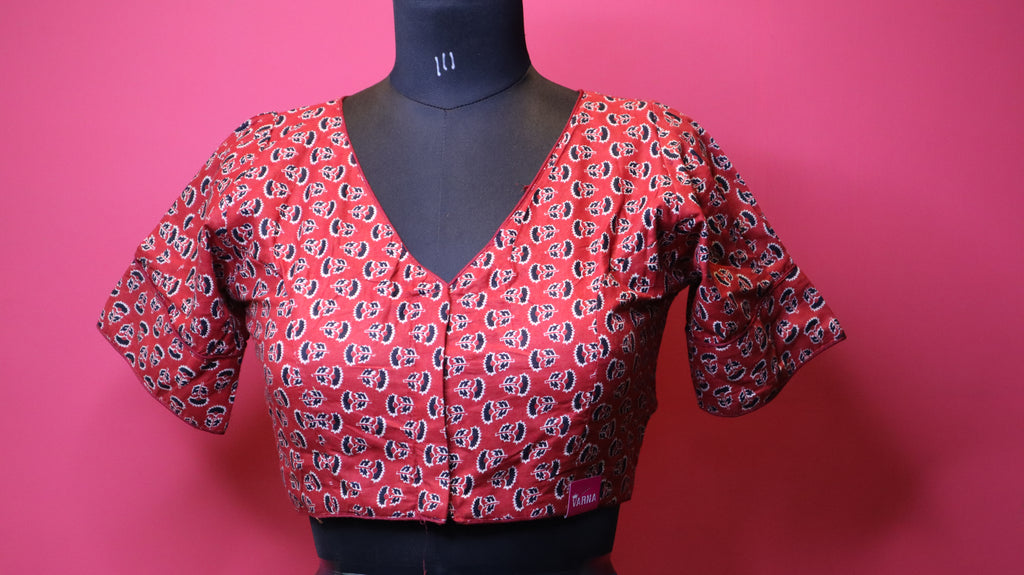 Elegant Red Printed Cotton Saree Blouse | Traditional Design | Readymade Blouse for Women