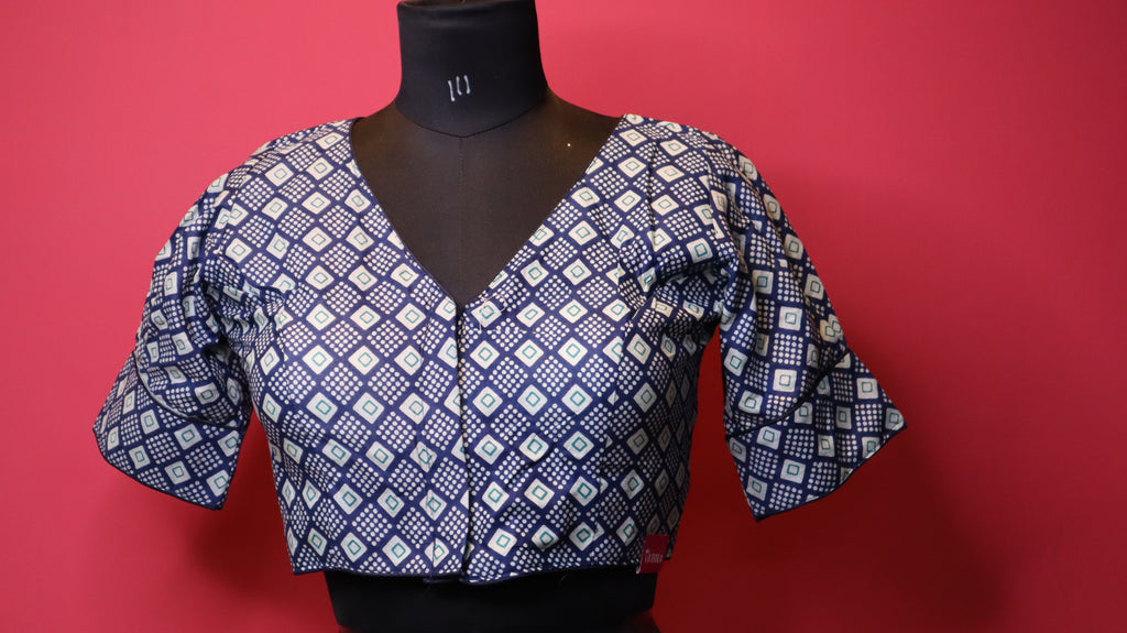 Navy Blue Geometric Print Cotton Saree Blouse for Women | V-Neck Designer Blouse