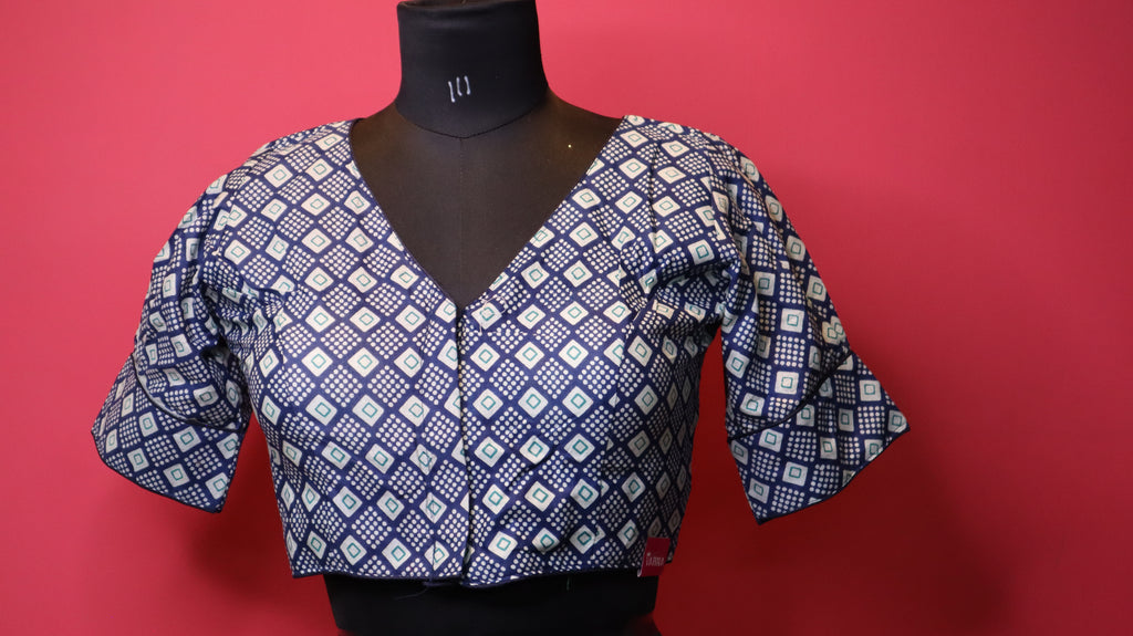 Navy Blue Geometric Print Cotton Saree Blouse for Women | V-Neck Designer Blouse