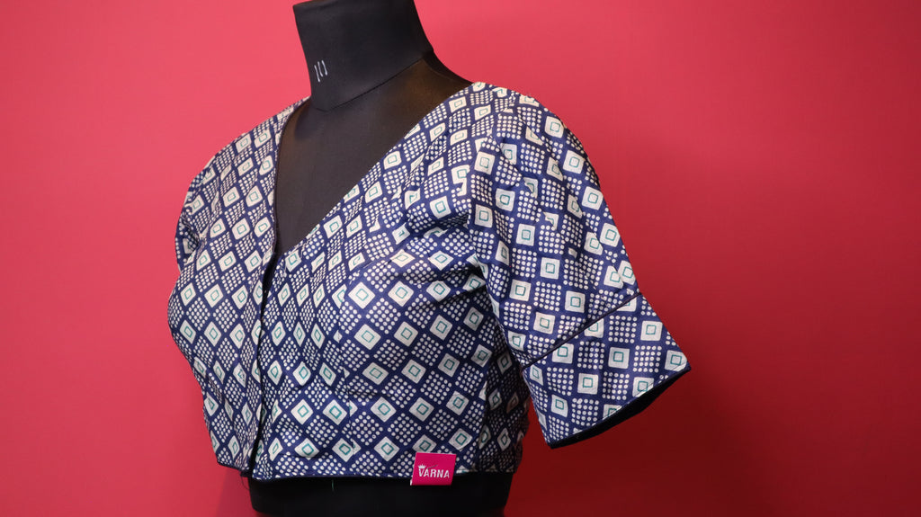 Navy Blue Geometric Print Cotton Saree Blouse for Women | V-Neck Designer Blouse