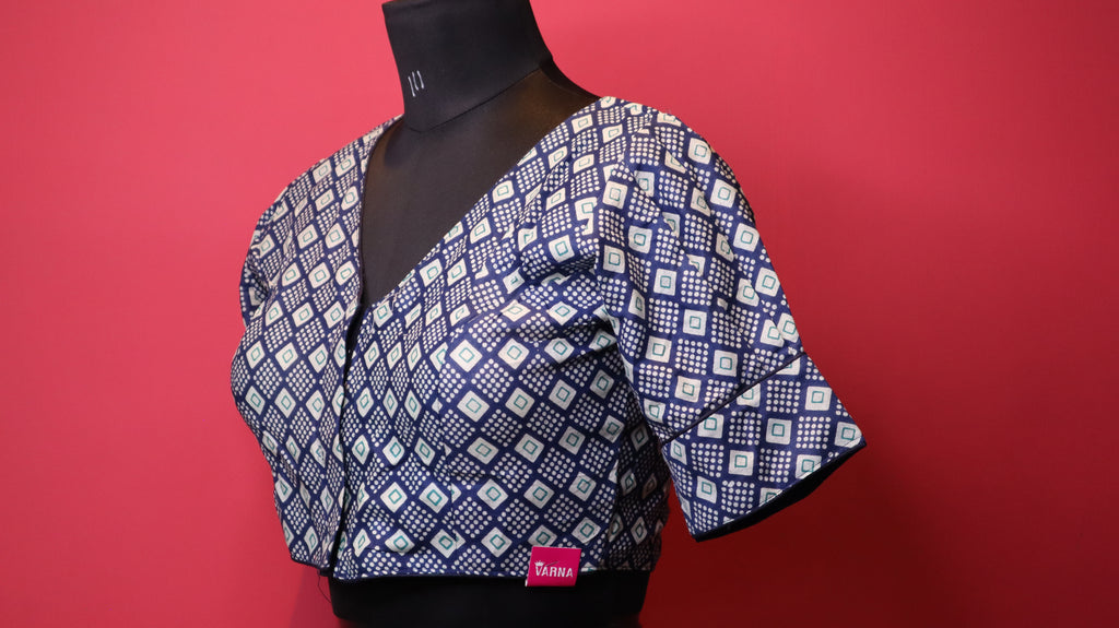 Navy Blue Geometric Print Cotton Saree Blouse for Women | V-Neck Designer Blouse