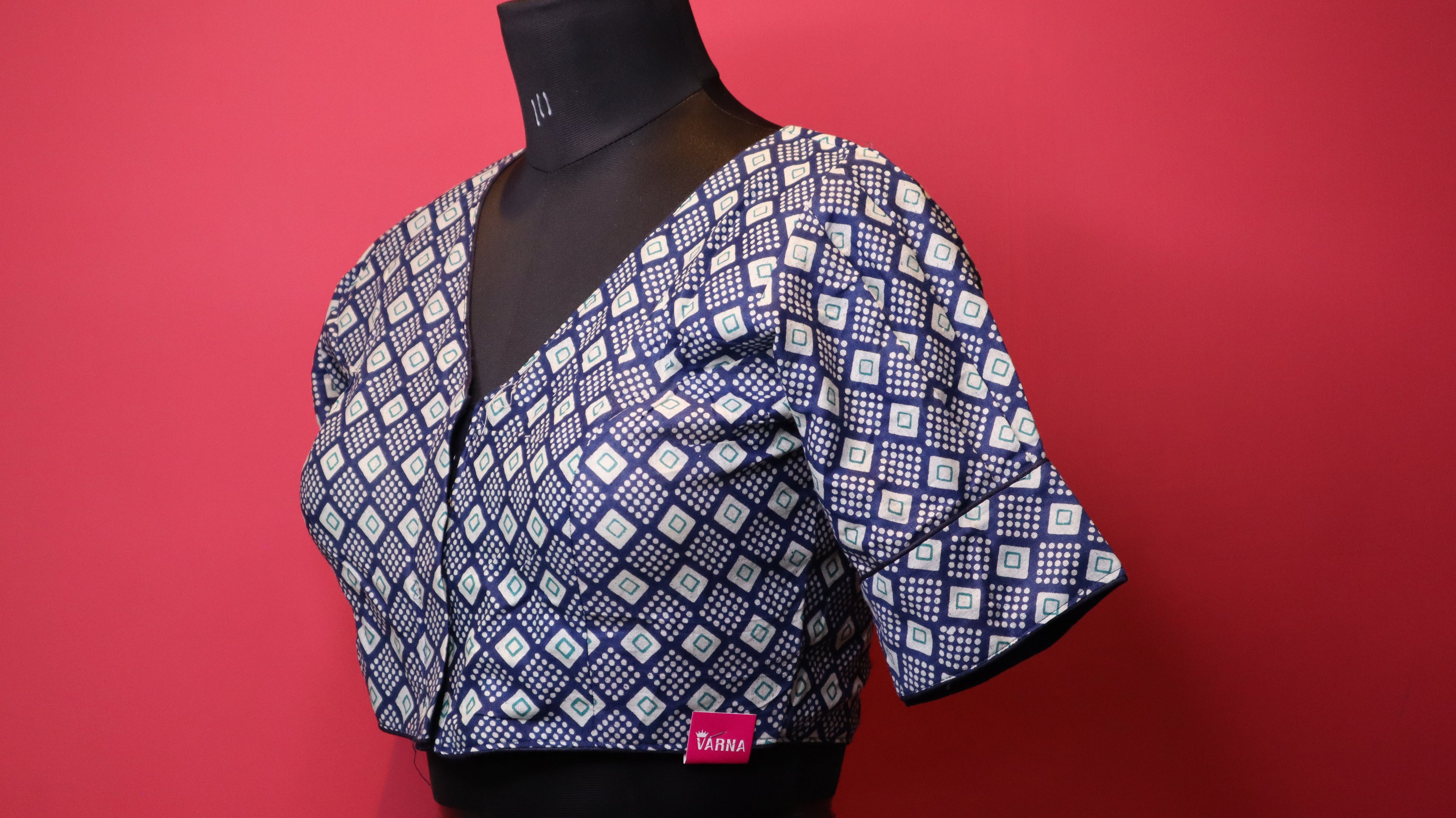 Navy Blue Geometric Print Cotton Saree Blouse for Women | V-Neck Designer Blouse