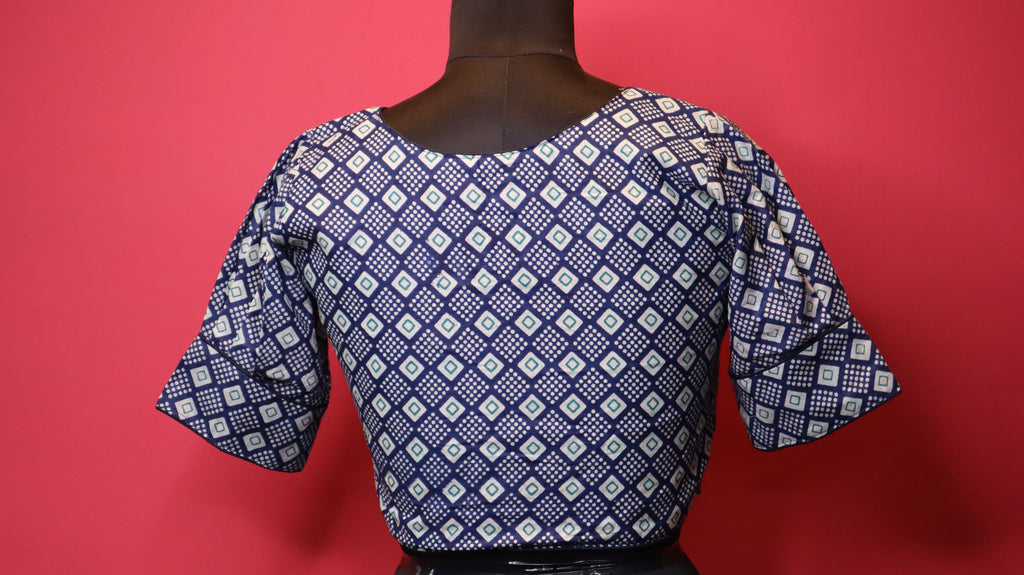 Navy Blue Geometric Print Cotton Saree Blouse for Women | V-Neck Designer Blouse