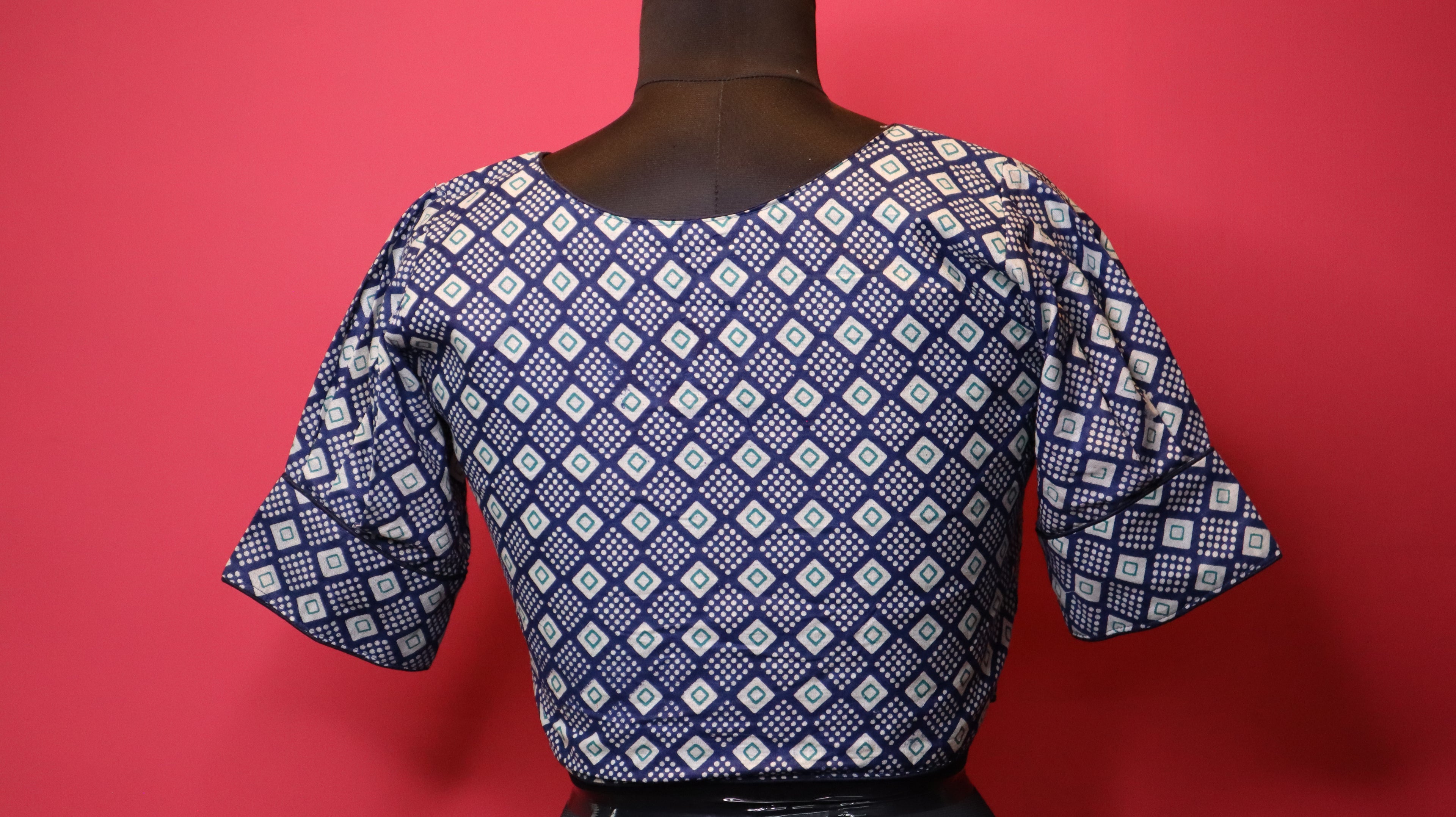 Navy Blue Geometric Print Cotton Saree Blouse for Women | V-Neck Designer Blouse