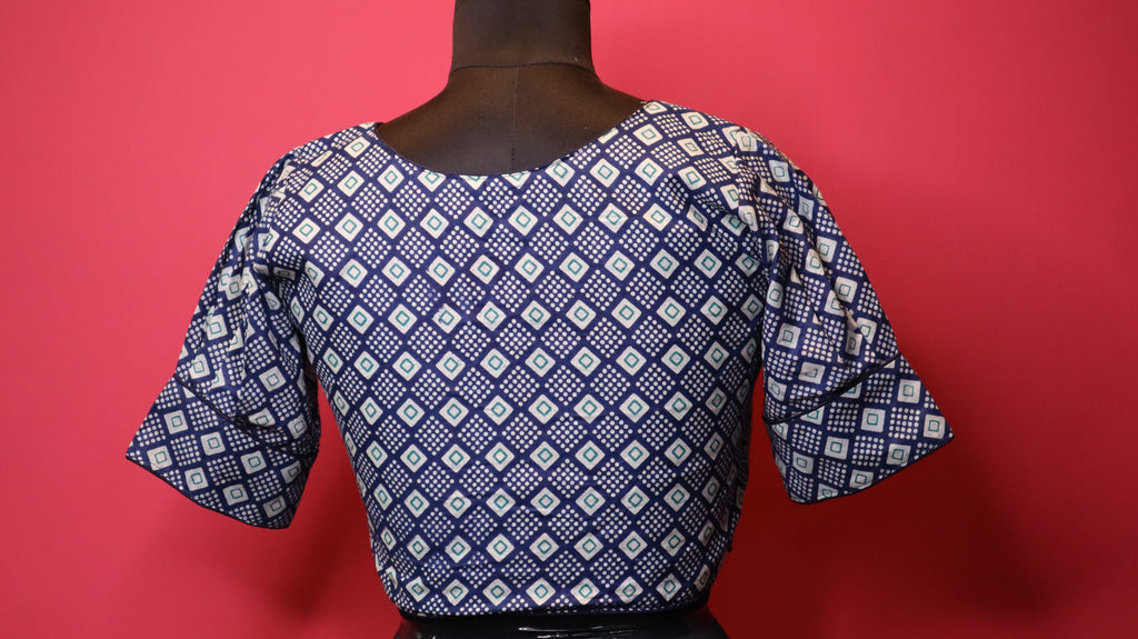 Navy Blue Geometric Print Cotton Saree Blouse for Women | V-Neck Designer Blouse
