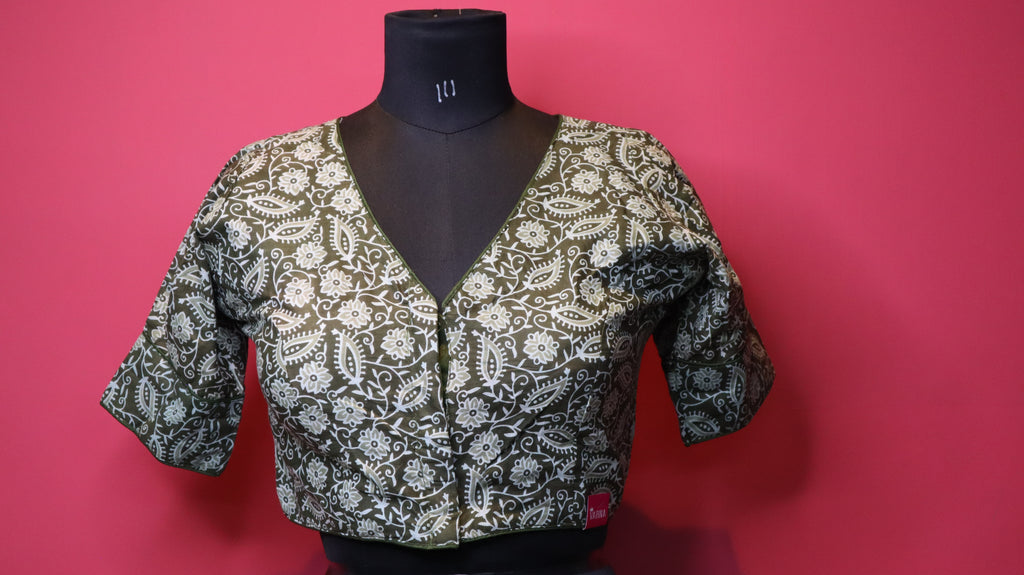 Olive Green Floral Print V-Neck Cotton Saree Blouse for Women | Designer Saree Blouse