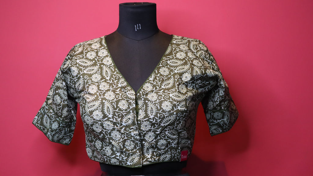 Olive Green Floral Print V-Neck Cotton Saree Blouse for Women | Designer Saree Blouse