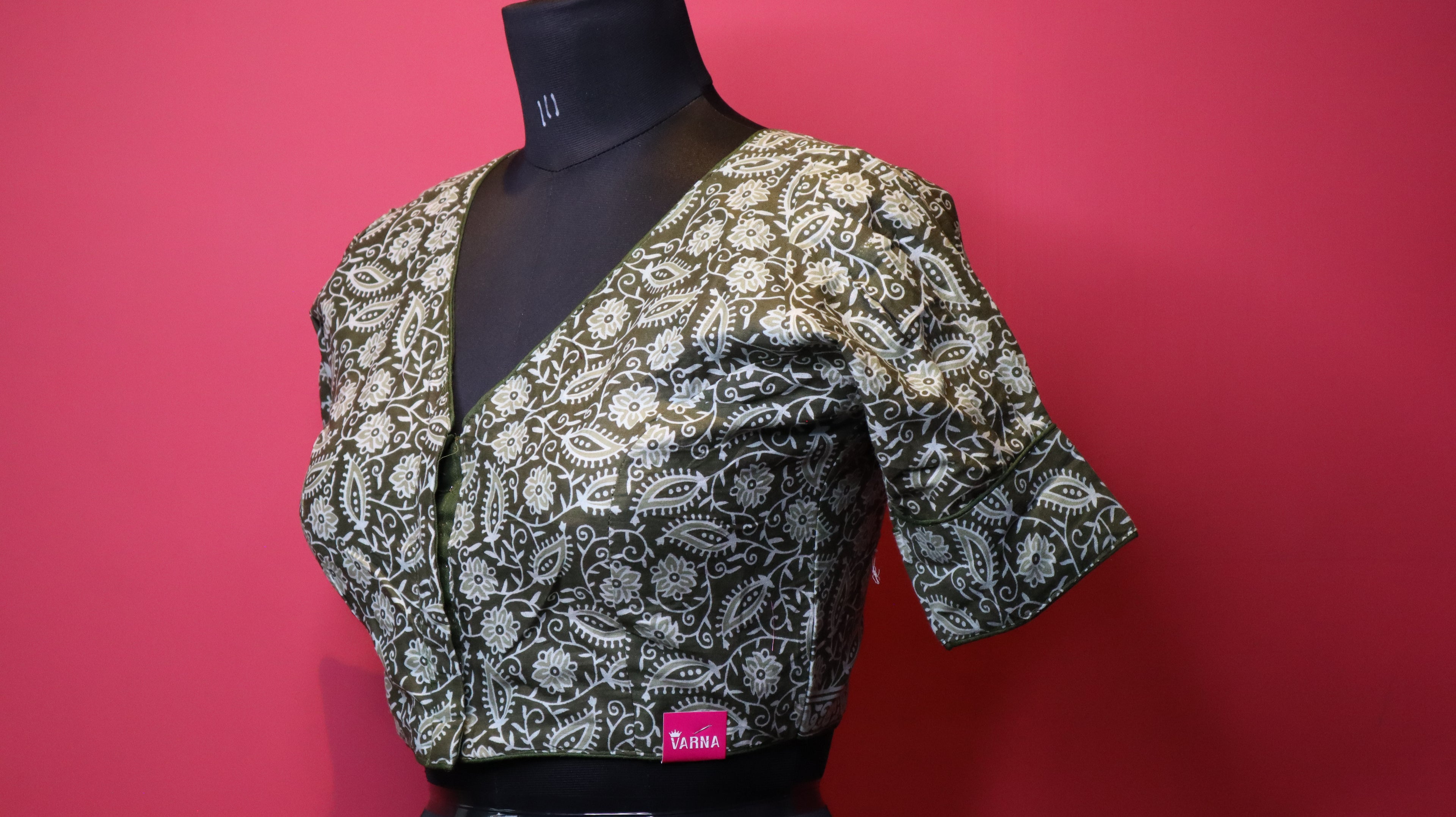 Olive Green Floral Print V-Neck Cotton Saree Blouse for Women | Designer Saree Blouse
