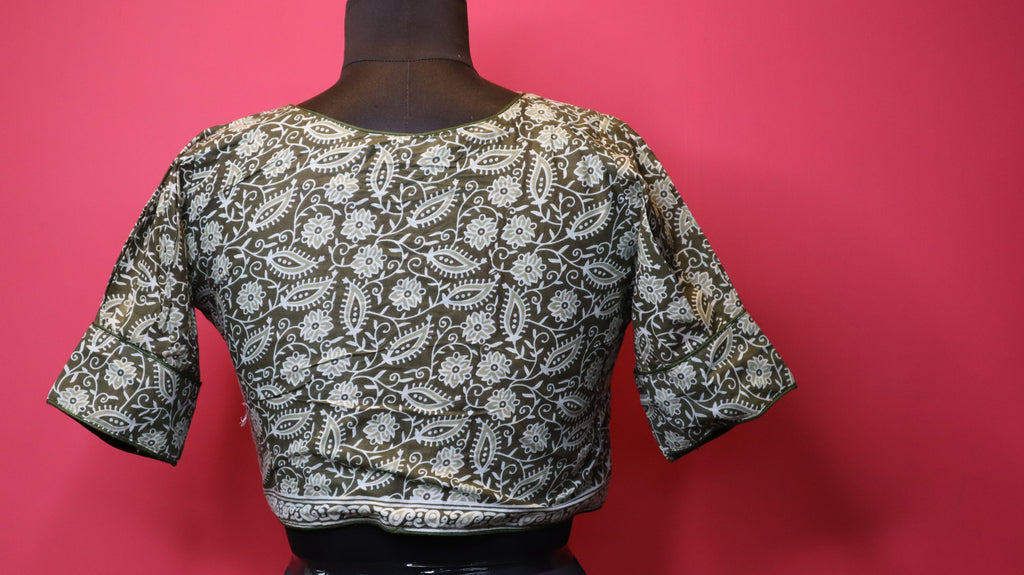 Olive Green Floral Print V-Neck Cotton Saree Blouse for Women | Designer Saree Blouse