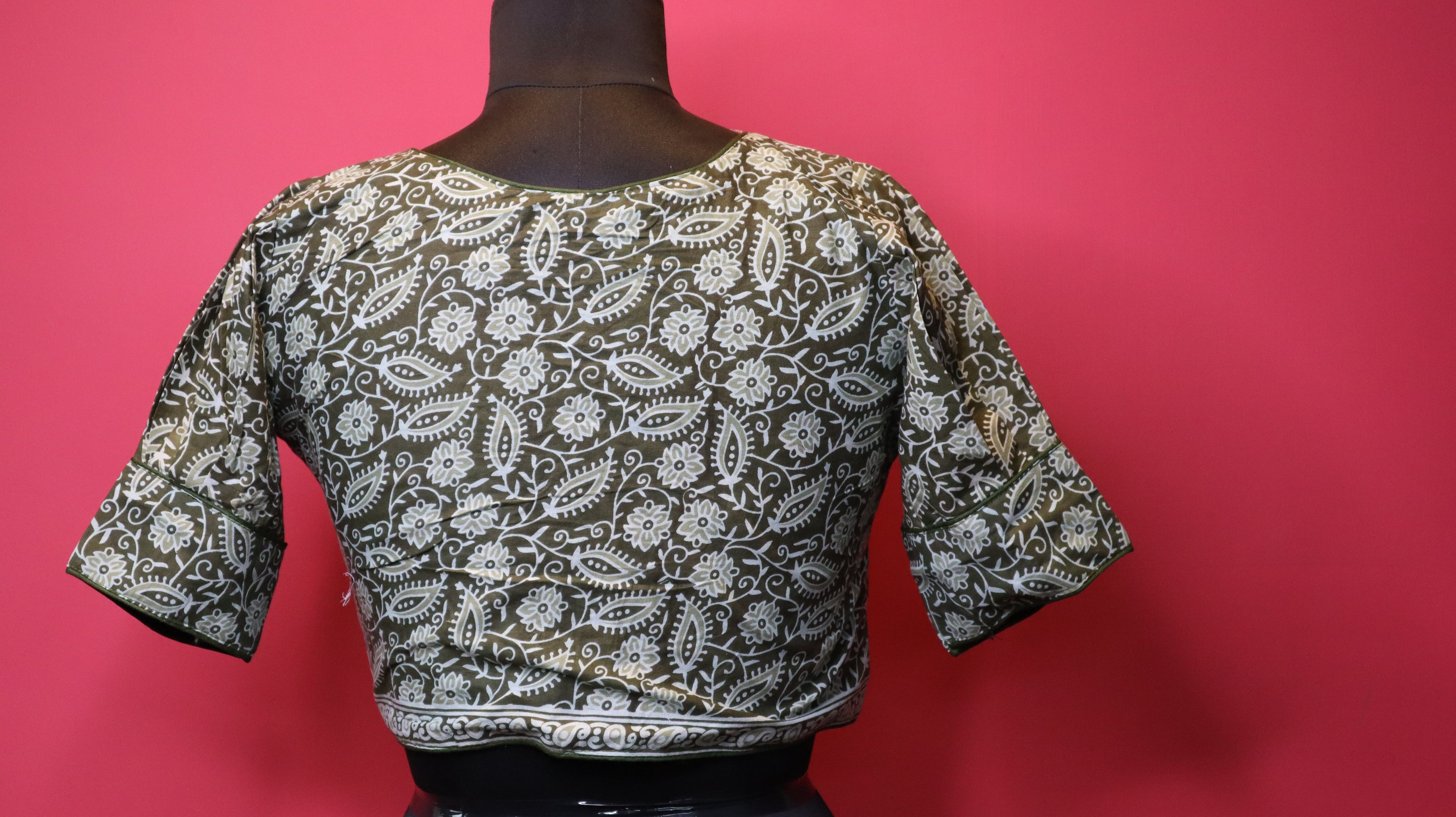 Olive Green Floral Print V-Neck Cotton Saree Blouse for Women | Designer Saree Blouse