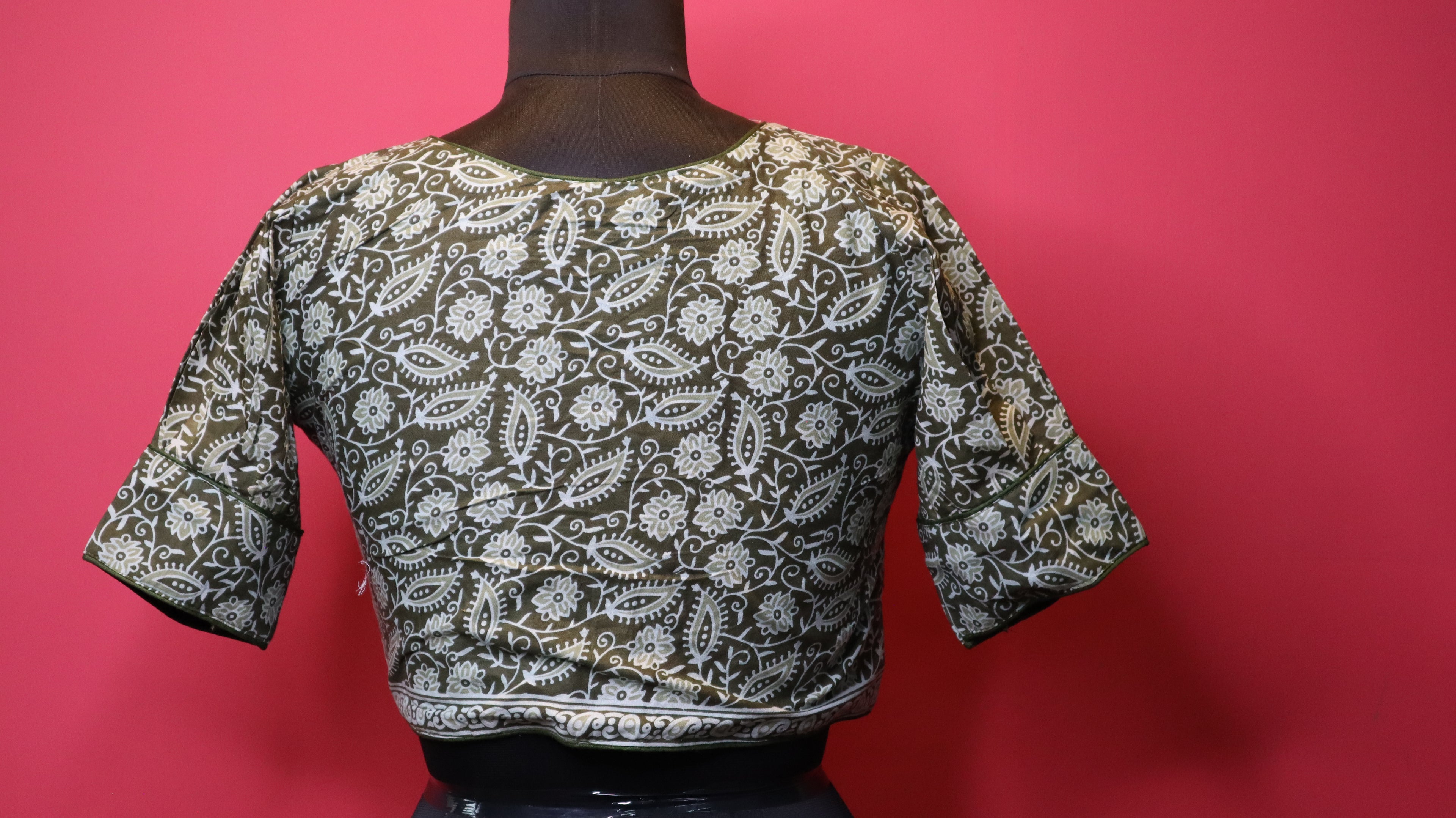 Olive Green Floral Print V-Neck Cotton Saree Blouse for Women | Designer Saree Blouse