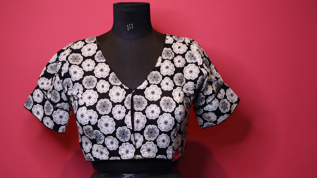 Black & White Floral Print V-Neck Cotton Saree Blouse for Women | Designer Ethnic Blouse