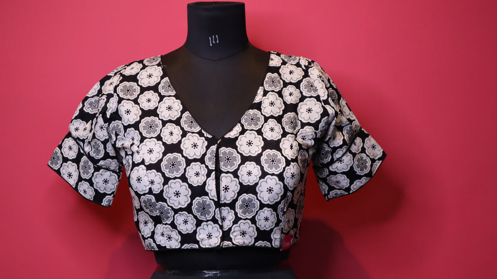 Black & White Floral Print V-Neck Cotton Saree Blouse for Women | Designer Ethnic Blouse