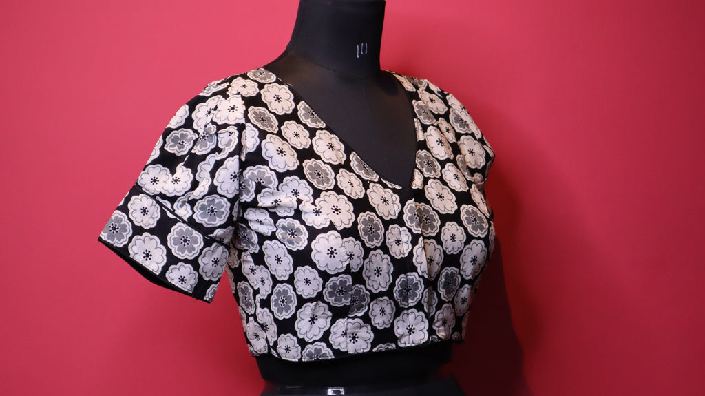 Black & White Floral Print V-Neck Cotton Saree Blouse for Women | Designer Ethnic Blouse