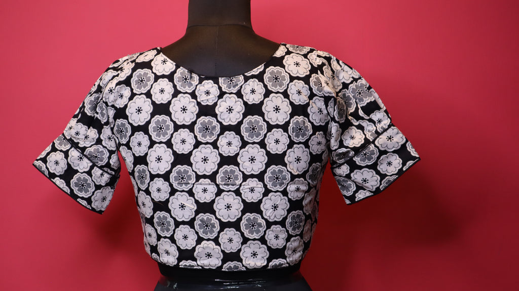 Black & White Floral Print V-Neck Cotton Saree Blouse for Women | Designer Ethnic Blouse