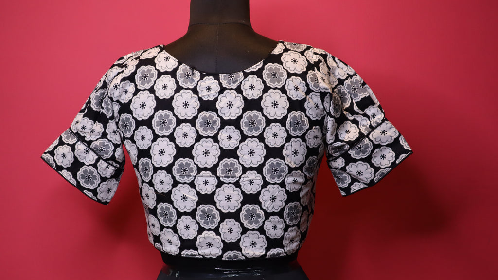 Black & White Floral Print V-Neck Cotton Saree Blouse for Women | Designer Ethnic Blouse