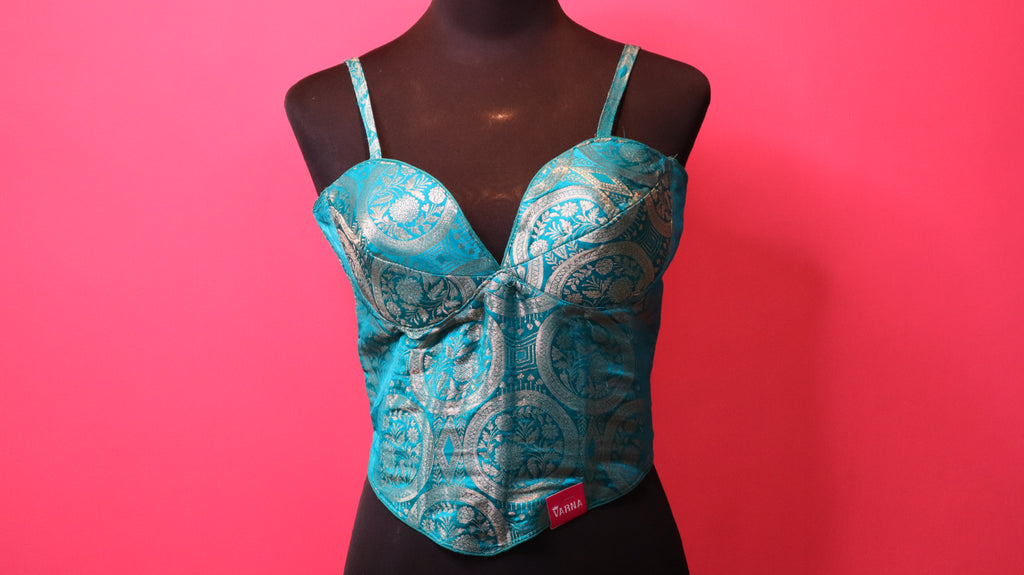 Turquoise Brocade Corset Style Designer Blouse for Women