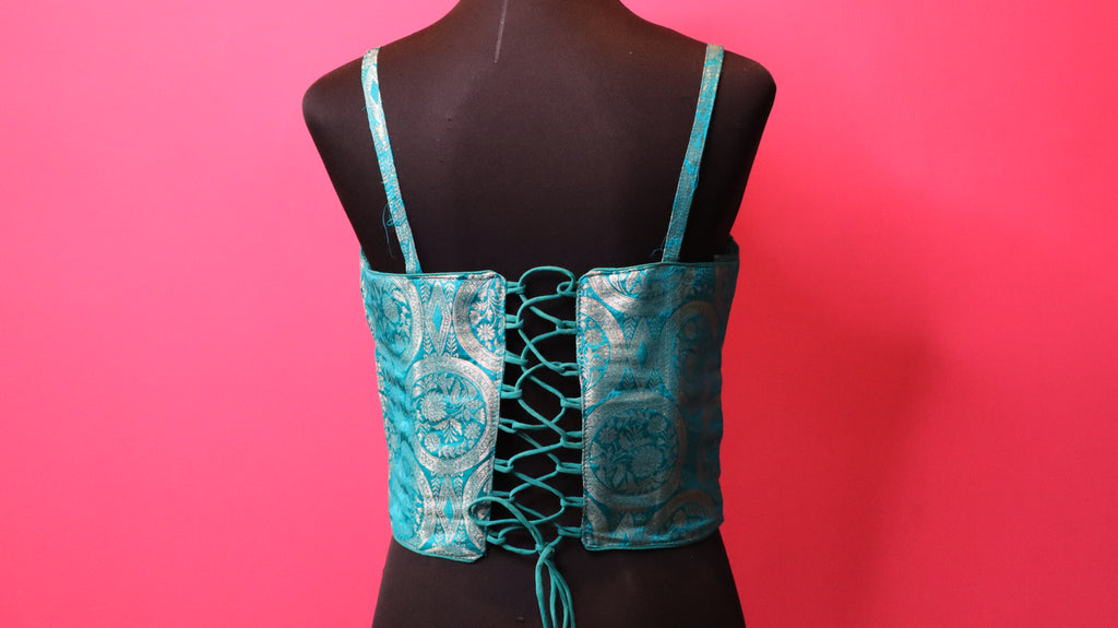 Turquoise Brocade Corset Style Designer Blouse for Women