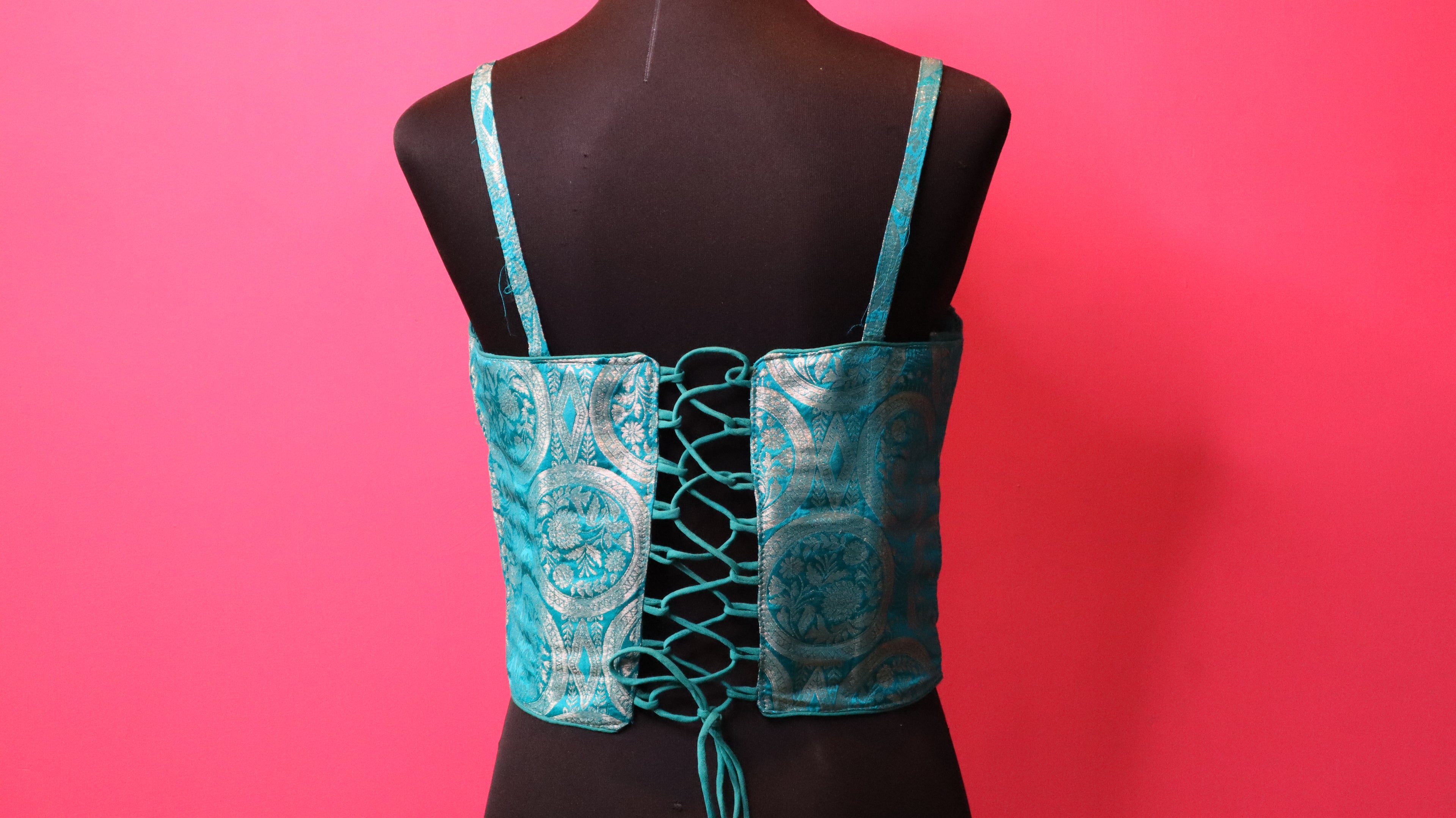 Turquoise Brocade Corset Style Designer Blouse for Women